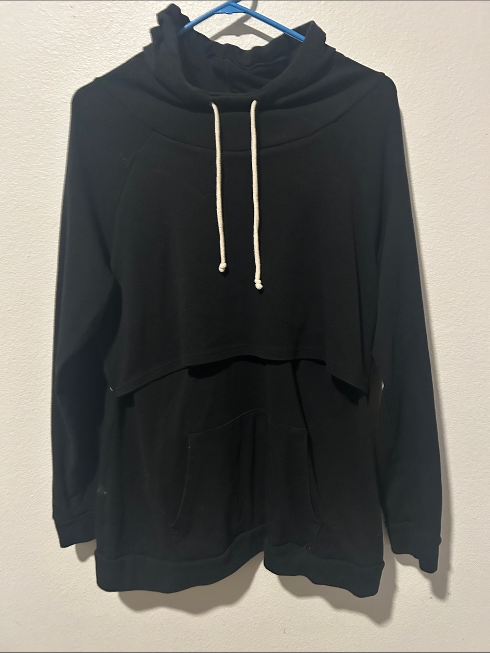 Black Layered Pullover Hoodie with Drawstrings